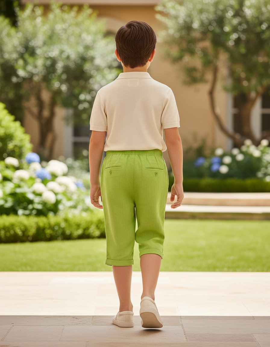 Pantalon En Lin Vert Citron Ample Cordon Enfant - vue 2