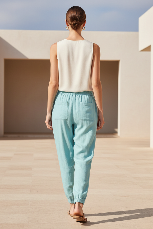 Pantalon En Lin Turquoise Ample Cordon Décontracté Femme - Bleu - vue 2