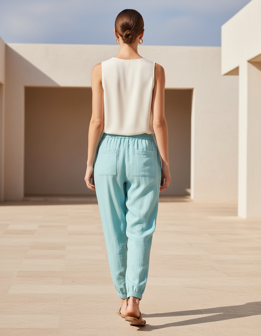 Pantalon En Lin Turquoise Ample Cordon Décontracté Femme - Bleu - vue 2