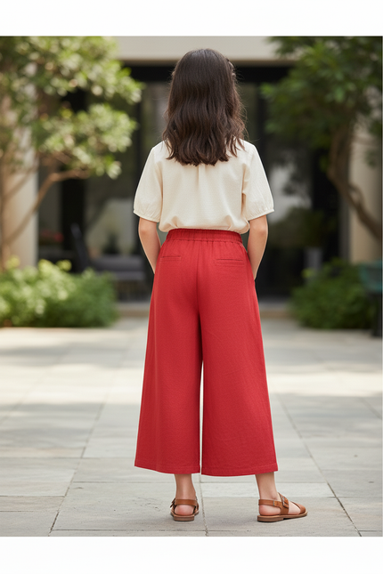 Pantalon En Lin Rouge Ample Fille Décontracté Fluide Confortable - vue 2
