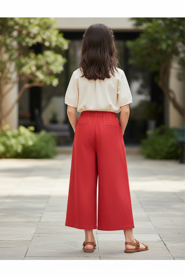 Pantalon En Lin Rouge Ample Fille Décontracté Fluide Confortable - vue 2