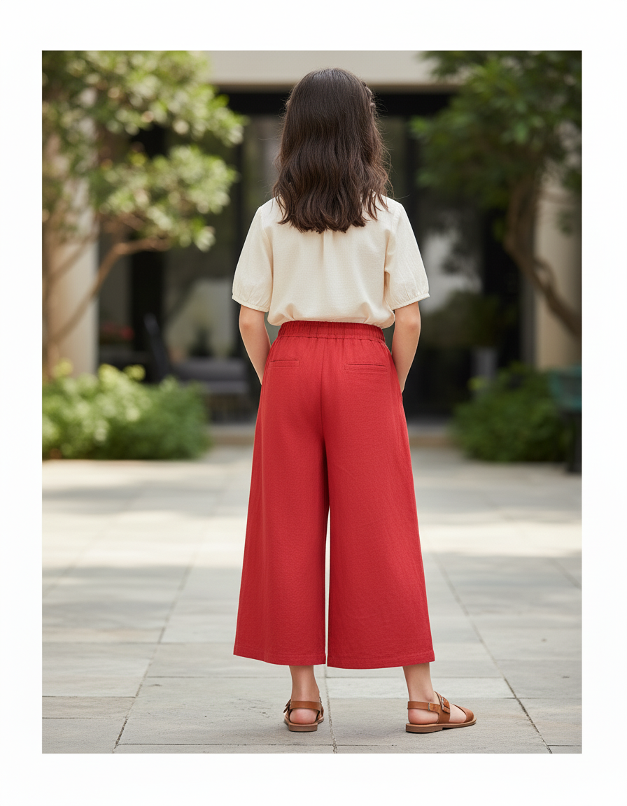 Pantalon En Lin Rouge Ample Fille Décontracté Fluide Confortable - vue 2