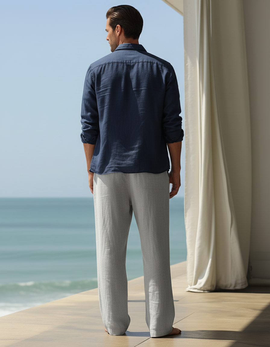 Pantalon En Lin Homme Ample Décontracté Léger Gris - vue 2