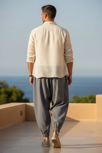 Pantalon En Lin Gris Ample Décontracté Cordon Léger - vue 2