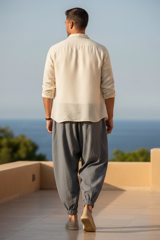 Pantalon En Lin Gris Ample Décontracté Cordon Léger - vue 2