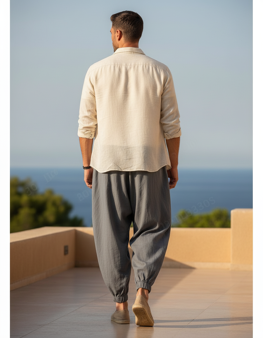 Pantalon En Lin Gris Ample Décontracté Cordon Léger - vue 2