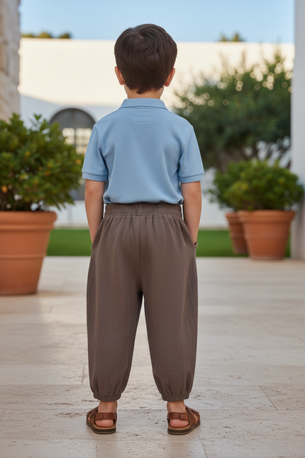 Pantalon En Lin Marron Ample Garçon Décontracté Élastique - vue 2