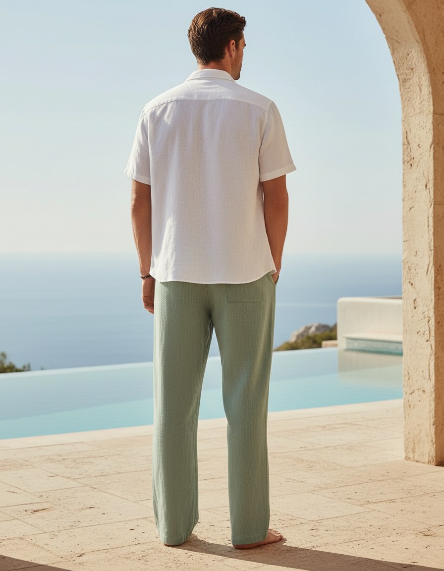 Pantalon En Lin Vert Ample Décontracté Confortable Homme - vue 2