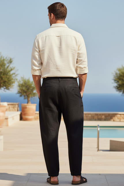 Pantalon En Lin Noir Ample Décontracté Homme Moderne - vue 2