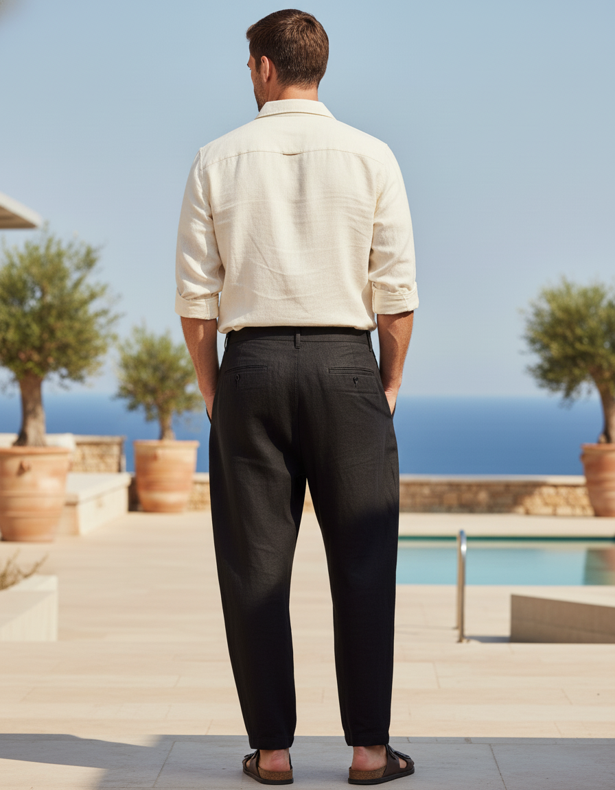 Pantalon En Lin Noir Ample Décontracté Homme Moderne - vue 2