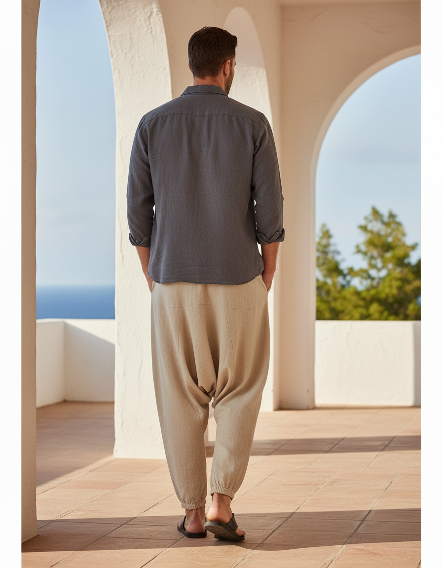 Pantalon En Lin Homme Beige Ample Décontracté Harem - vue 2