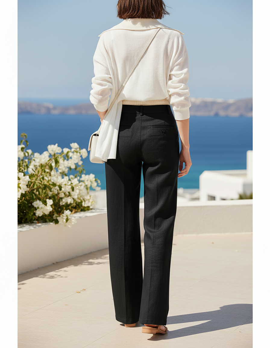 Pantalon En Lin Noir Ample Élégan Straight Femme - vue 2