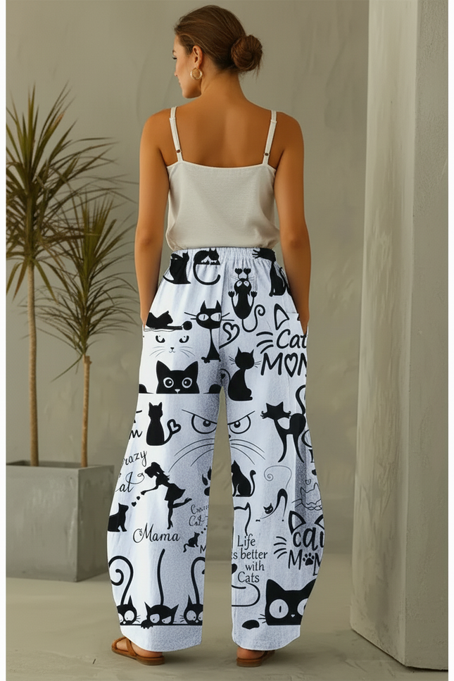 Pantalon En Lin Blanc Imprimé Chats Ample Décontracté - vue 2