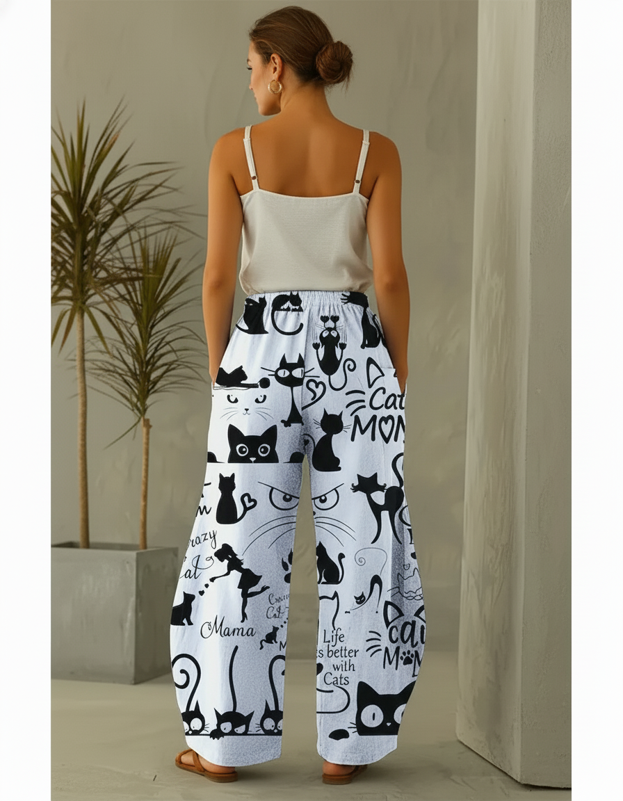 Pantalon En Lin Blanc Imprimé Chats Ample Décontracté - vue 2