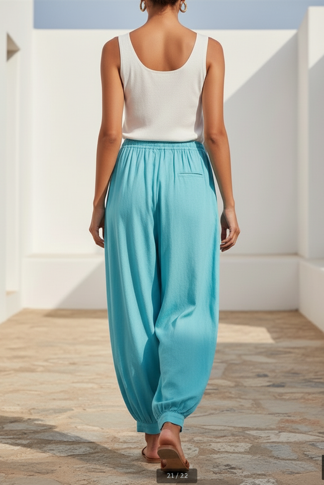 Pantalon En Lin Turquoise Ample Fluide Décontracté Femme - Bleu - vue 2