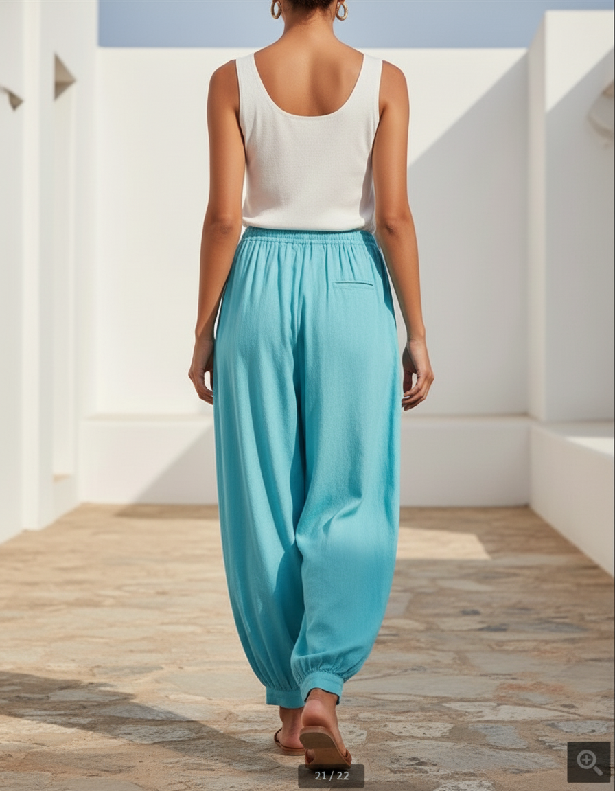 Pantalon En Lin Turquoise Ample Fluide Décontracté Femme - Bleu - vue 2