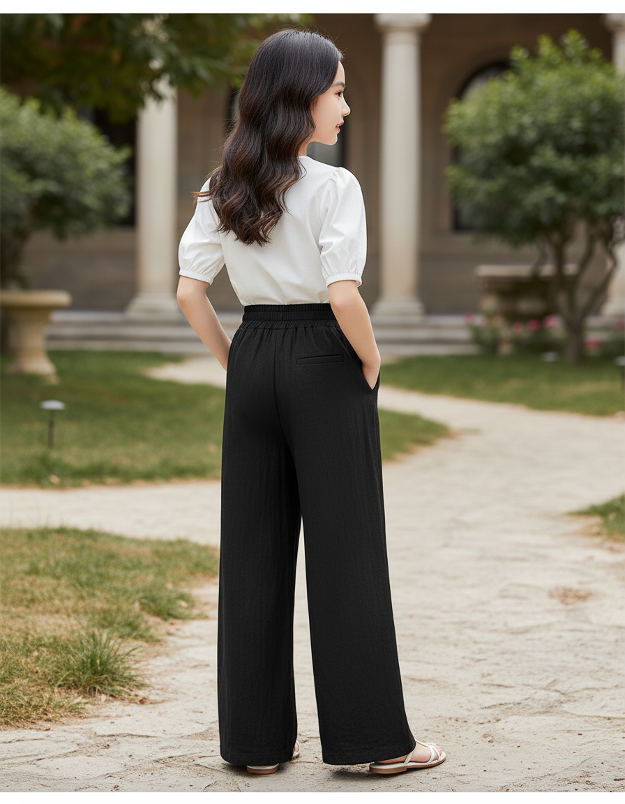 Pantalon En Lin Noir Ample Décontracté Fluide Enfant - vue 2