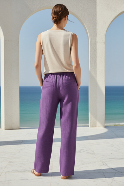 Pantalon En Lin Violet Ample Décontracté Fluide Femme - vue 2