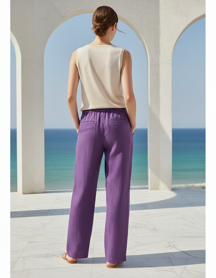 Pantalon En Lin Violet Ample Décontracté Fluide Femme - vue 2