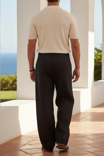 Pantalon En Lin Noir Ample Plissé Homme Élégant - vue 2