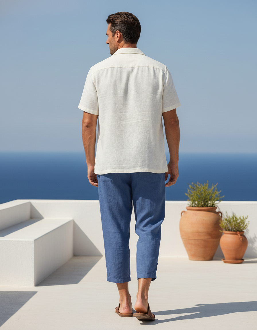 Pantalon En Lin Bleu Décontracté Ample Coton Homme - vue 2