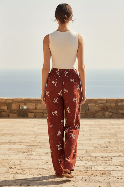 Pantalon En Lin Brique Ample Motif Nœuds Fluide - Bordeaux - vue 2
