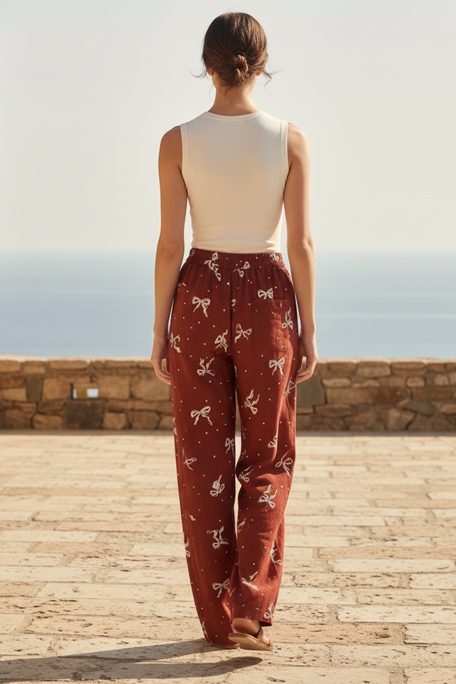 Pantalon En Lin Brique Ample Motif Nœuds Fluide - Bordeaux - vue 2