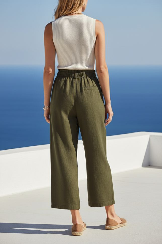 Pantalon En Lin Vert Ample Taille Haute Casual - Kaki - vue 2