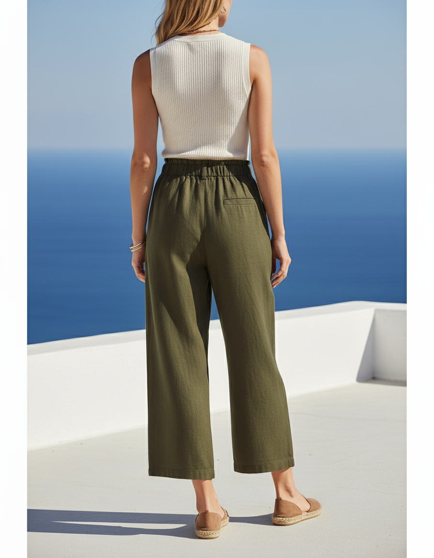 Pantalon En Lin Vert Ample Taille Haute Casual - Kaki - vue 2