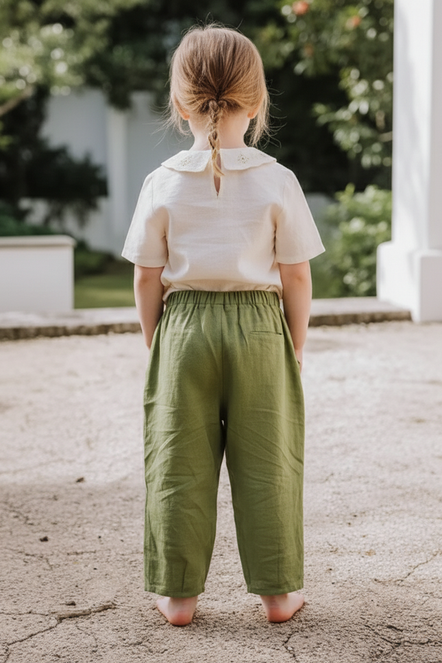 Pantalon En Lin Vert Ample Élastique Enfant - Kaki - vue 2