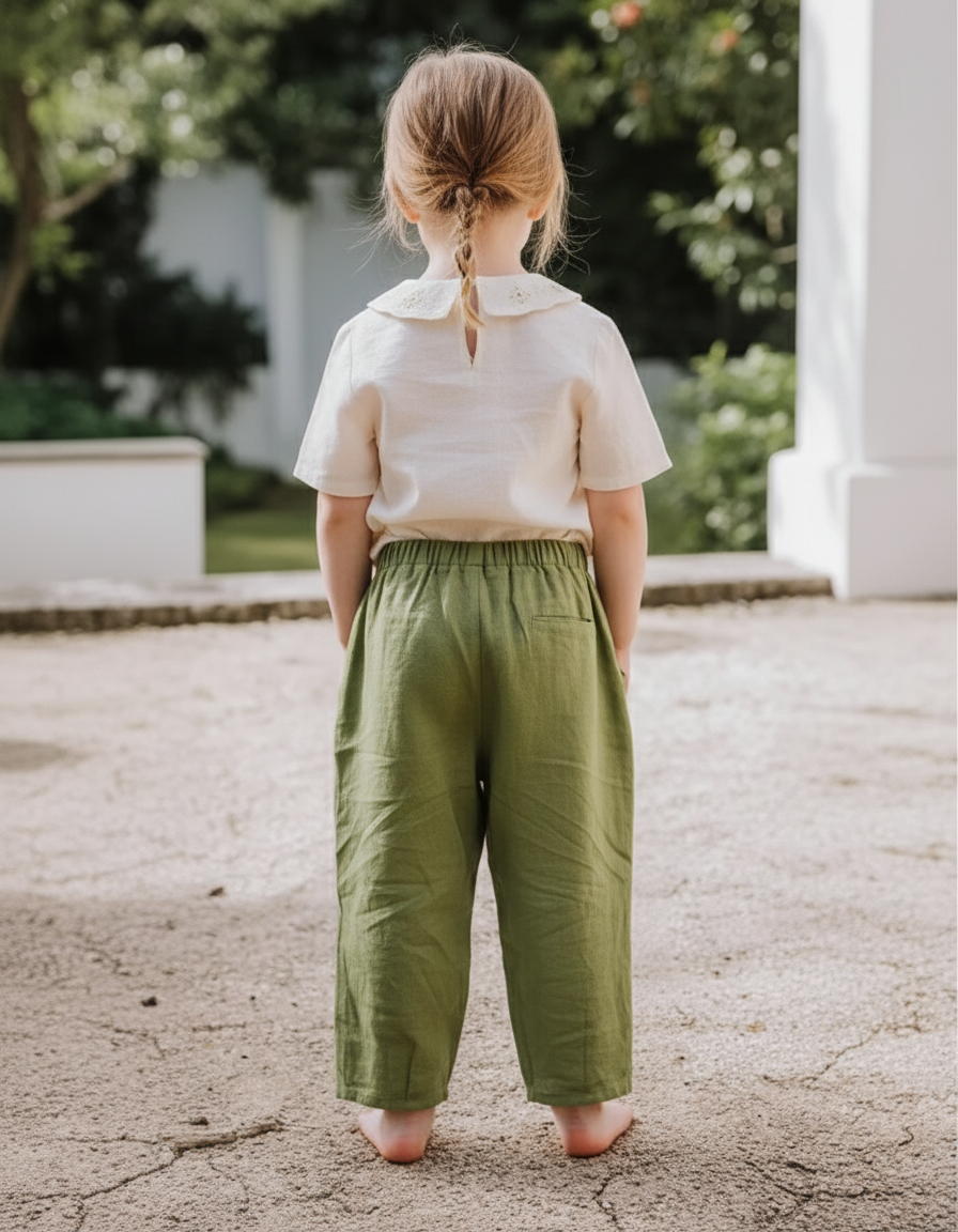 Pantalon En Lin Vert Ample Élastique Enfant - Kaki - vue 2