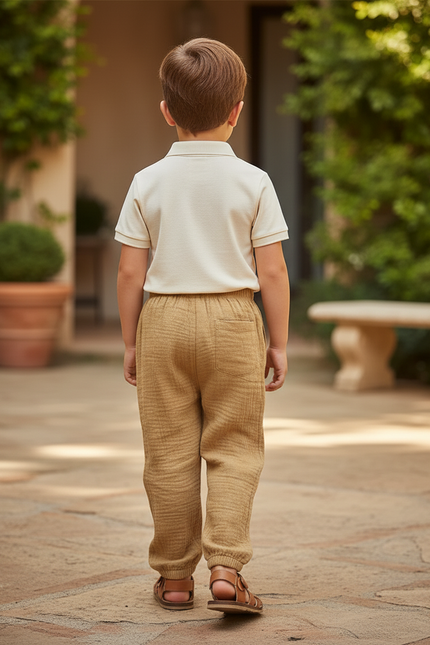 Pantalon En Lin Enfant Ample Marron Plissé Décontracté - Camel - vue 2