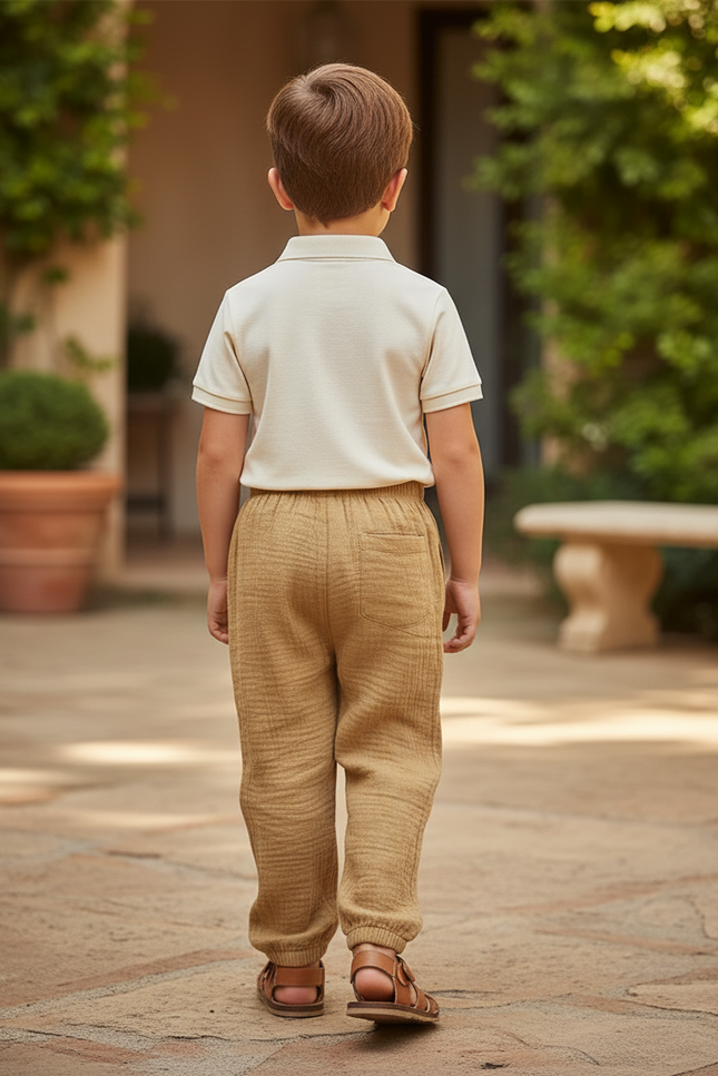 Pantalon En Lin Enfant Ample Marron Plissé Décontracté - Camel - vue 2