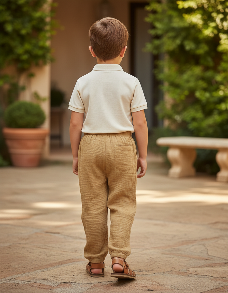 Pantalon En Lin Enfant Ample Marron Plissé Décontracté - Camel - vue 2