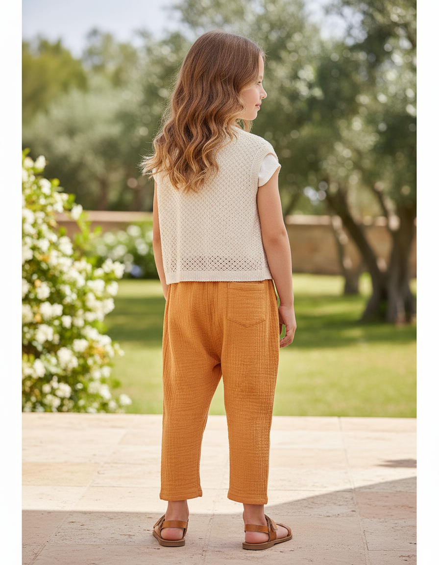 Pantalon En Lin Ample Plissé Enfants Garçon Fille - Camel - vue 2