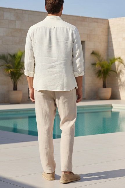 Pantalon En Lin Beige Droit Léger Cordon Confortable - vue 2