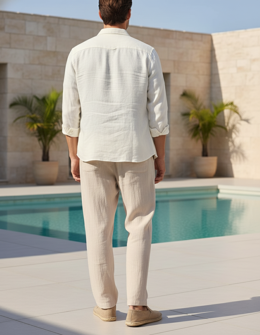 Pantalon En Lin Beige Droit Léger Cordon Confortable - vue 2
