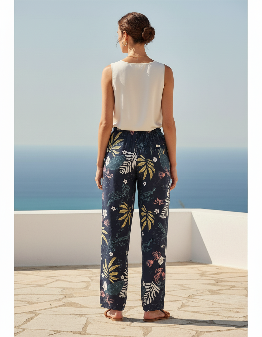 Pantalon En Lin Ample Imprimé Floral Estival Bleu - vue 2