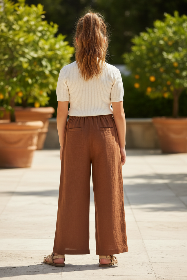 Pantalon En Lin Marron Ample Fluide Taille Élastique - vue 2