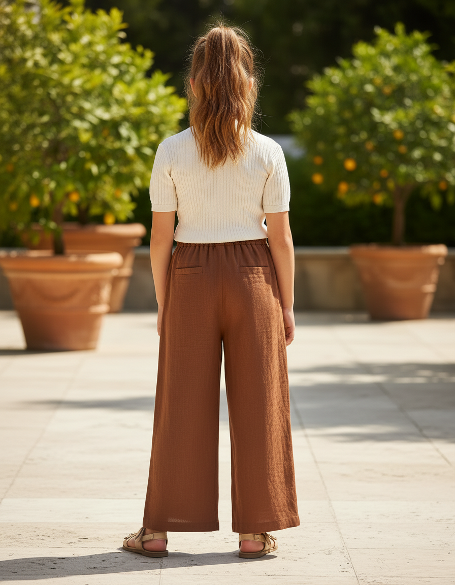 Pantalon En Lin Marron Ample Fluide Taille Élastique - vue 2
