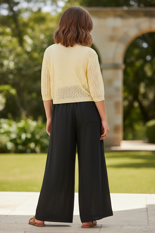 Pantalon En Lin Noir Ample Taille Élastique Fille - vue 2