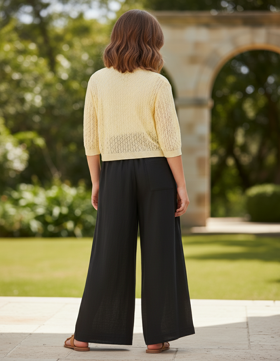 Pantalon En Lin Noir Ample Taille Élastique Fille - vue 2