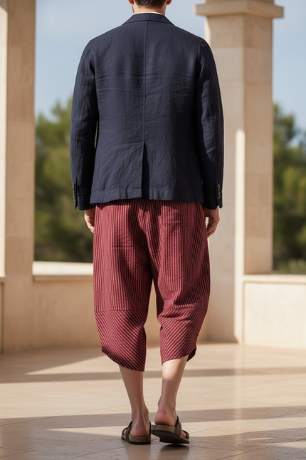 Pantalon En Lin Rouge Rayé Ample Décontracté Harem - vue 2