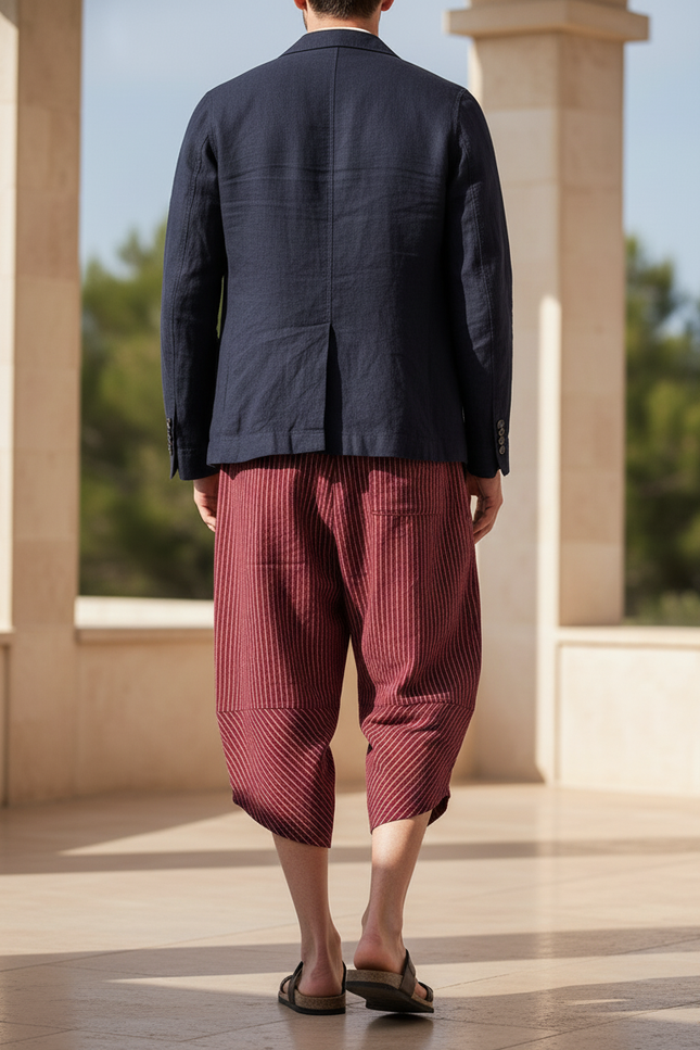 Pantalon En Lin Rouge Rayé Ample Décontracté Harem - vue 2