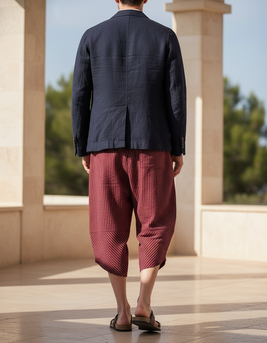 Pantalon En Lin Rouge Rayé Ample Décontracté Harem - vue 2