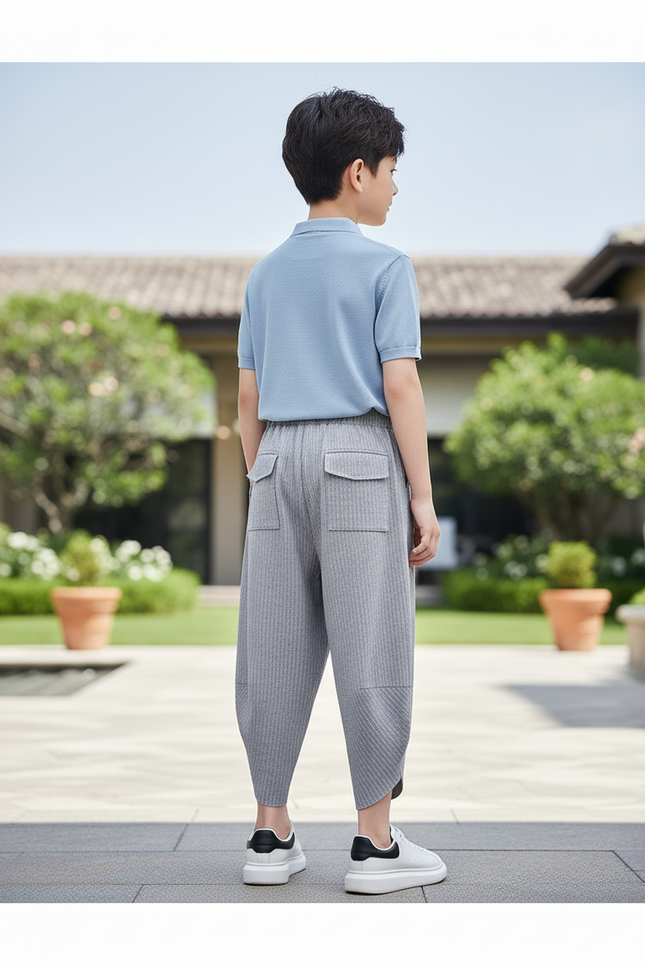 Pantalon En Lin Gris Plissé Ample Garçon Décontracté - Maille - vue 2