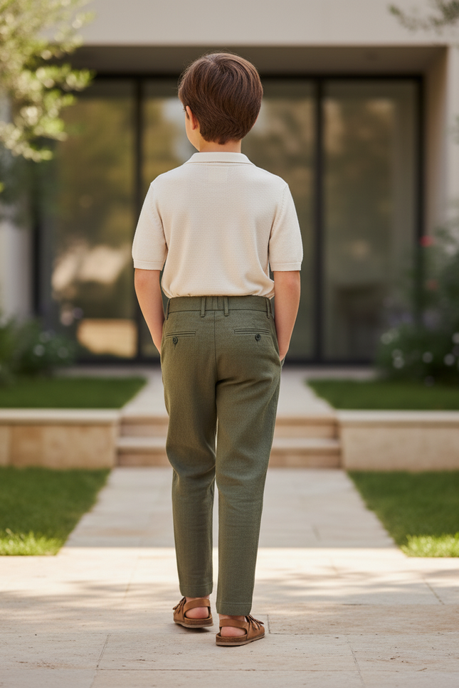 Pantalon En Lin Vert Olive Plissé Décontracté Garçon - Kaki - vue 2