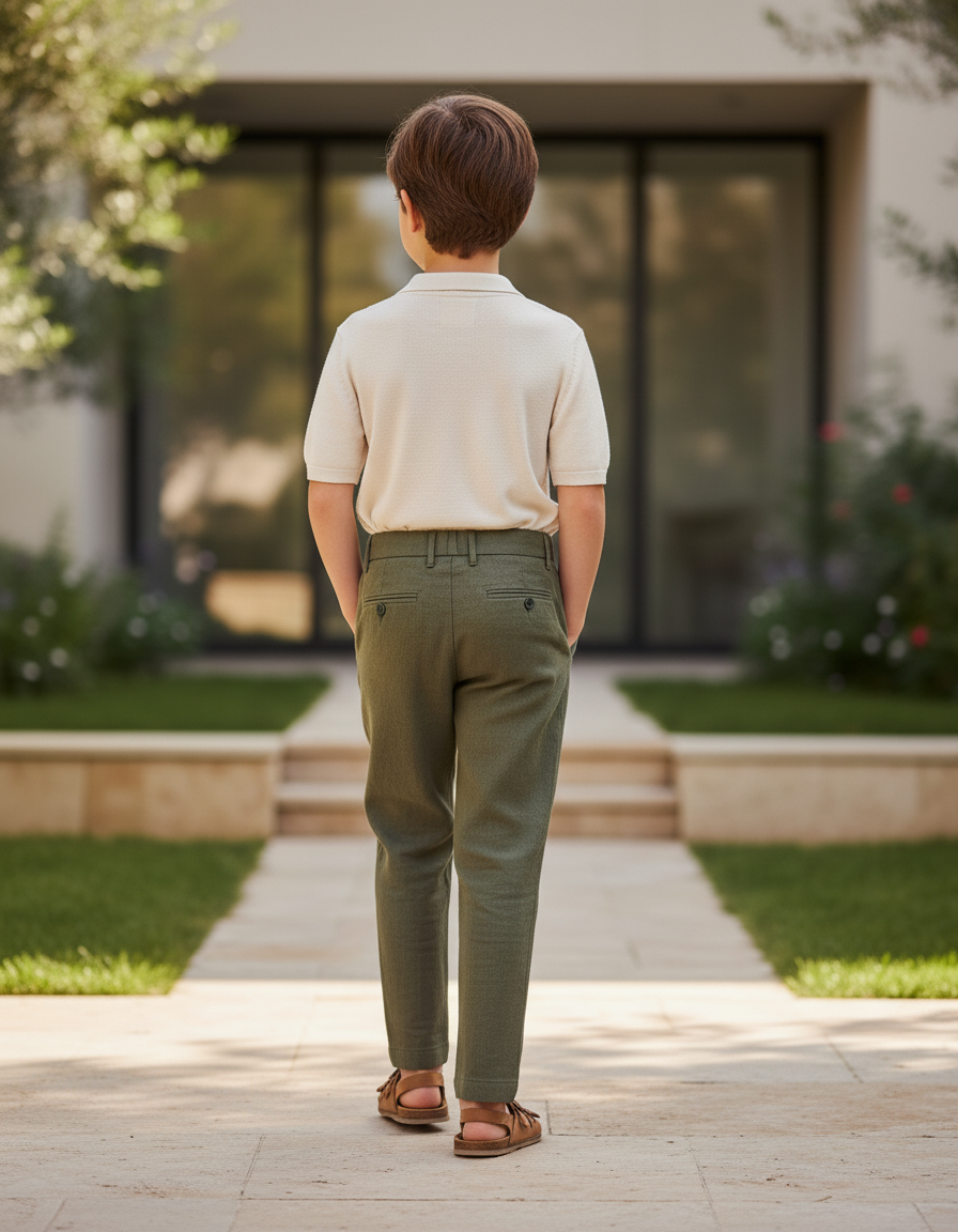 Pantalon En Lin Vert Olive Plissé Décontracté Garçon - Kaki - vue 2