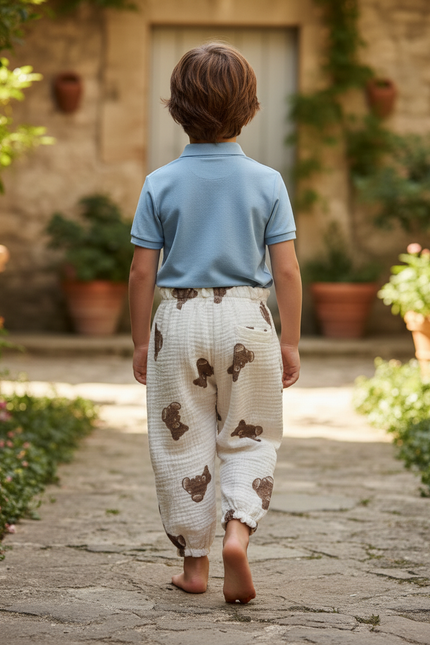 Pantalon En Lin Enfant Ample Blanc Motif Oursons - vue 2