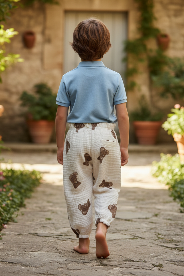 Pantalon En Lin Enfant Ample Blanc Motif Oursons - vue 2